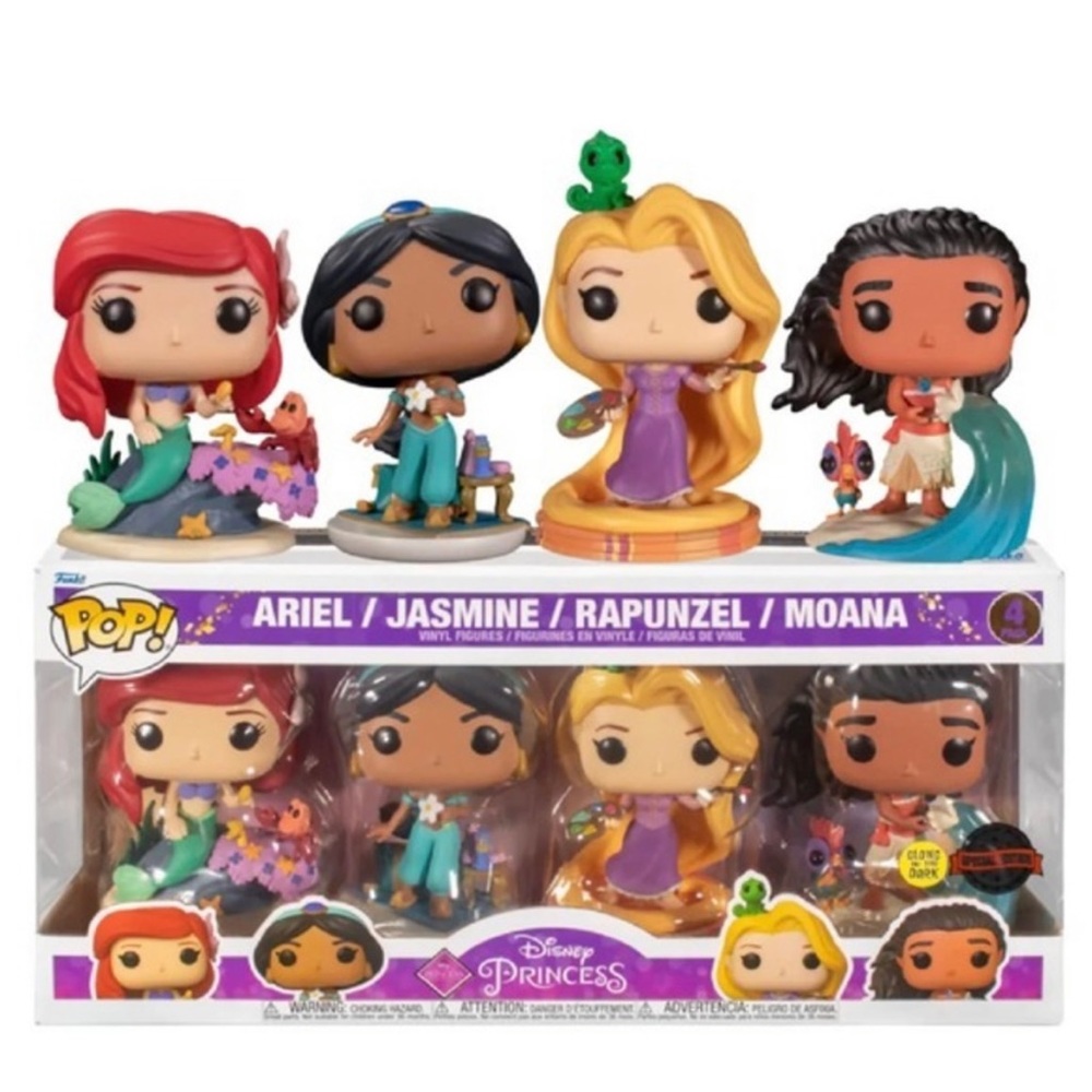 Funko Pop Disney Princess 4-pack, Ariel, Jasmine, Rapunzel, Moana- Glows in Dark